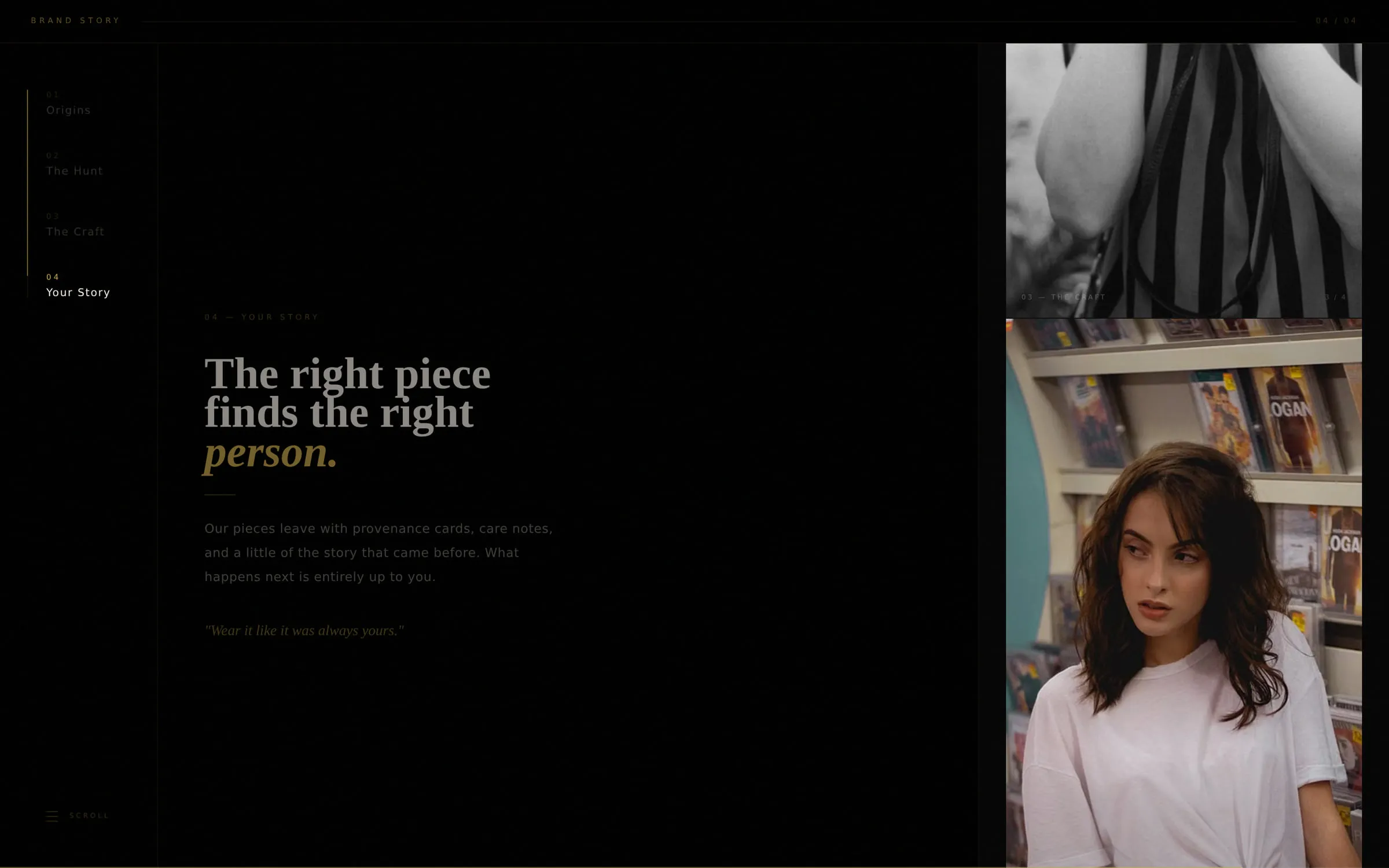 Rogue + Runway brand story — pinned chaptered scroll section with custom animation