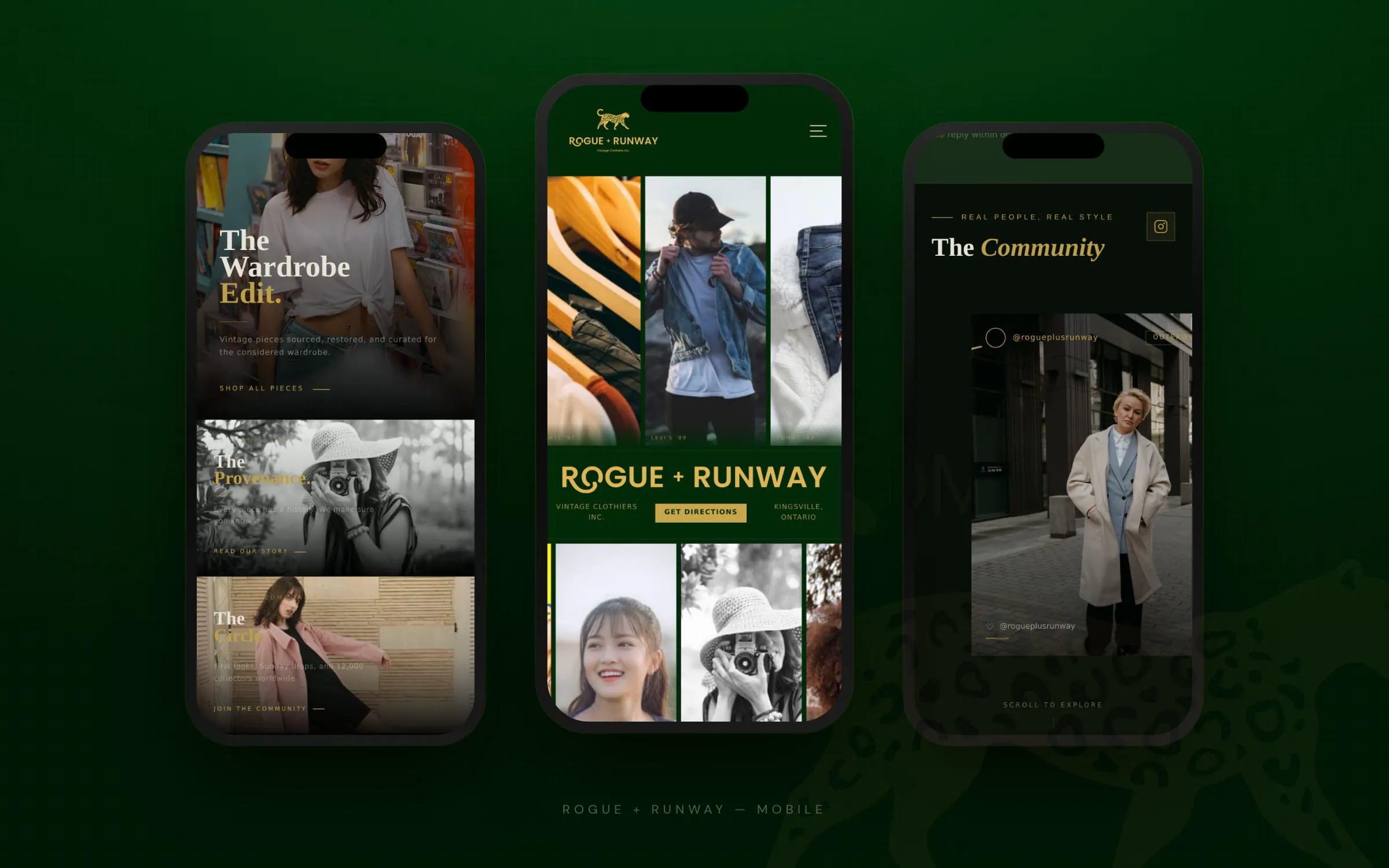 Rogue + Runway responsive mobile design — vintage clothing store website on iPhone